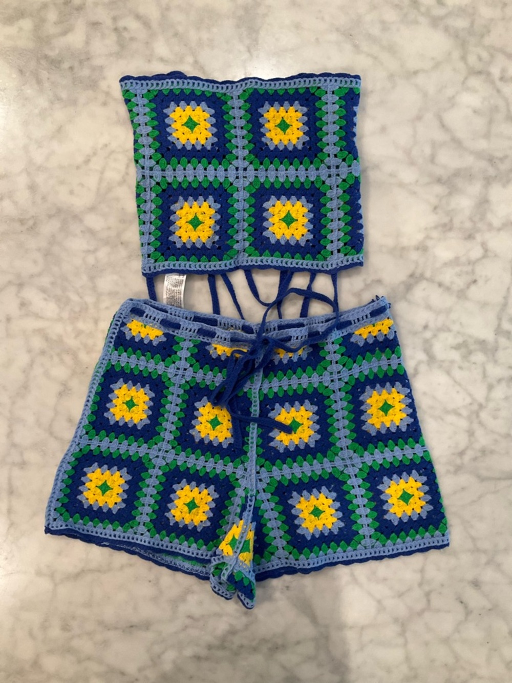 Zara Crochet Crop Top & Shorts Set - Blue, Green, Yellow